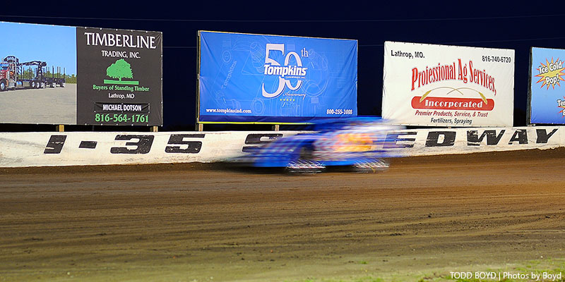 Ricky Thornton Jr. streaks down the back-stretch during the 9th Annual USMTS Missouri Meltdown at the I-35 Speedway in Winston, Mo., on Saturday, April 22, 2017.