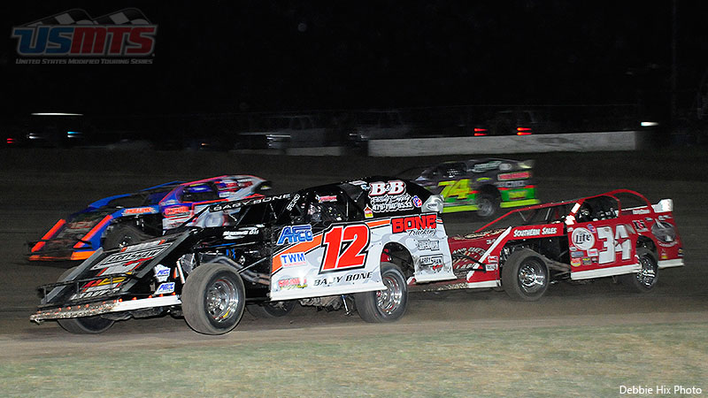Johnny Bone Jr. (12), Trevor Egbert (78), C.A. Nix (34) and Jasen Hammond (74) compete during the USMTS Casey’s Cup powered by S&S Fishing & Rental / Summit Racing Equipment Southern Region presented by Production Jars event at the Southern Oklahoma Speedway in Ardmore, Okla., on Thursday, May 4, 2017.