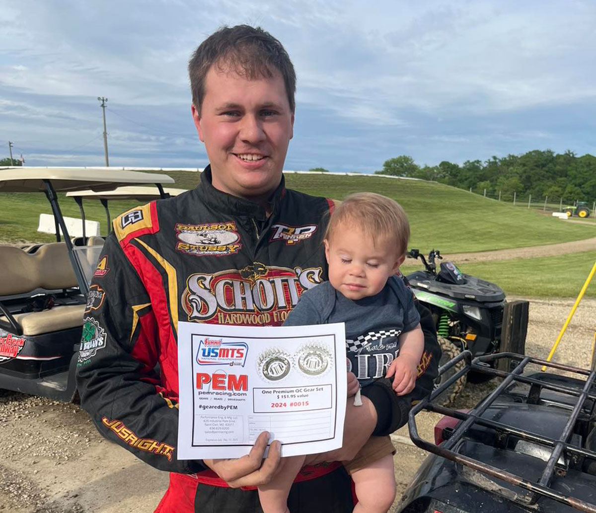 Lucas Schott captures a brand new gear set courtesy of PEM Racing Gears & Drivetrain at the 21st Annual LR Waste Services Southern Minnesota Spring Challenge at the Deer Creek Speedway in Spring Valley, Minn., on Saturday, May 25, 2024.
