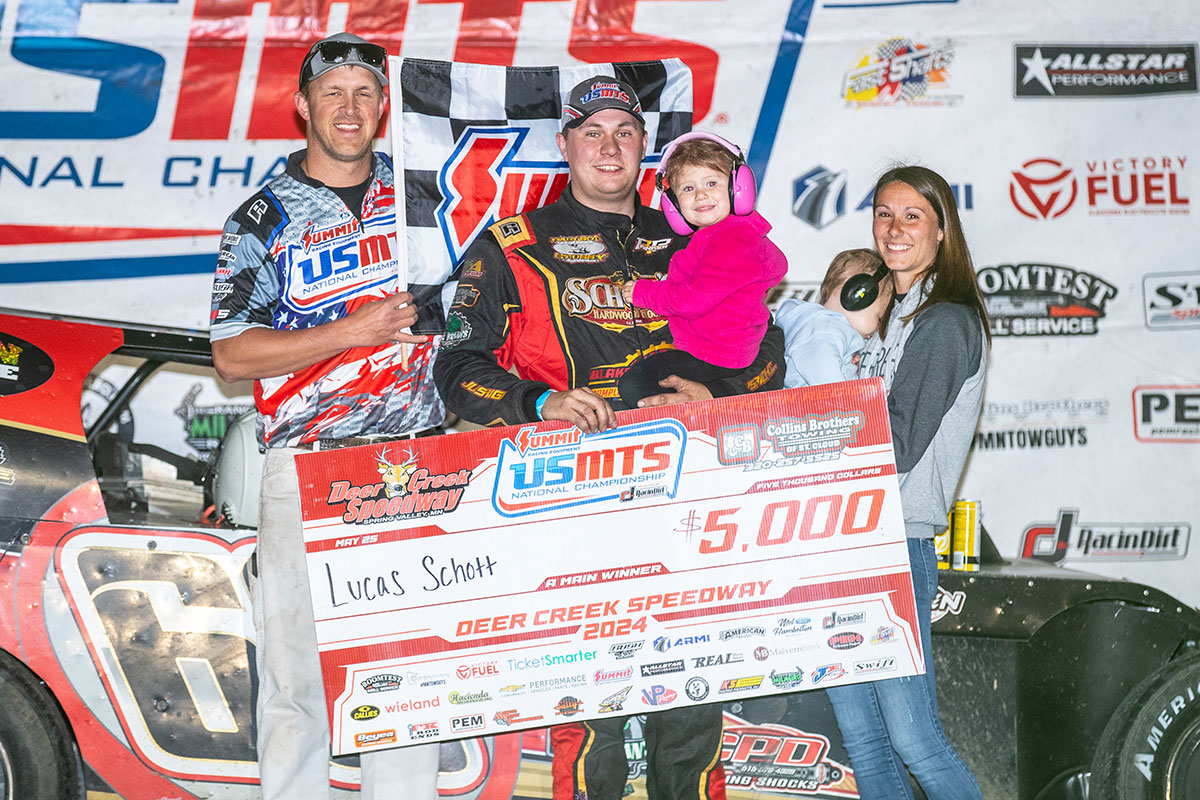 Lucas Schott won the Summit USMTS National Championship presented by RacinDirt main event for the 21st Annual LR Waste Services Southern Minnesota Spring Challenge at the Deer Creek Speedway in Spring Valley, Minn., on Saturday, May 25, 2024. (Tyler Rinken Photo)