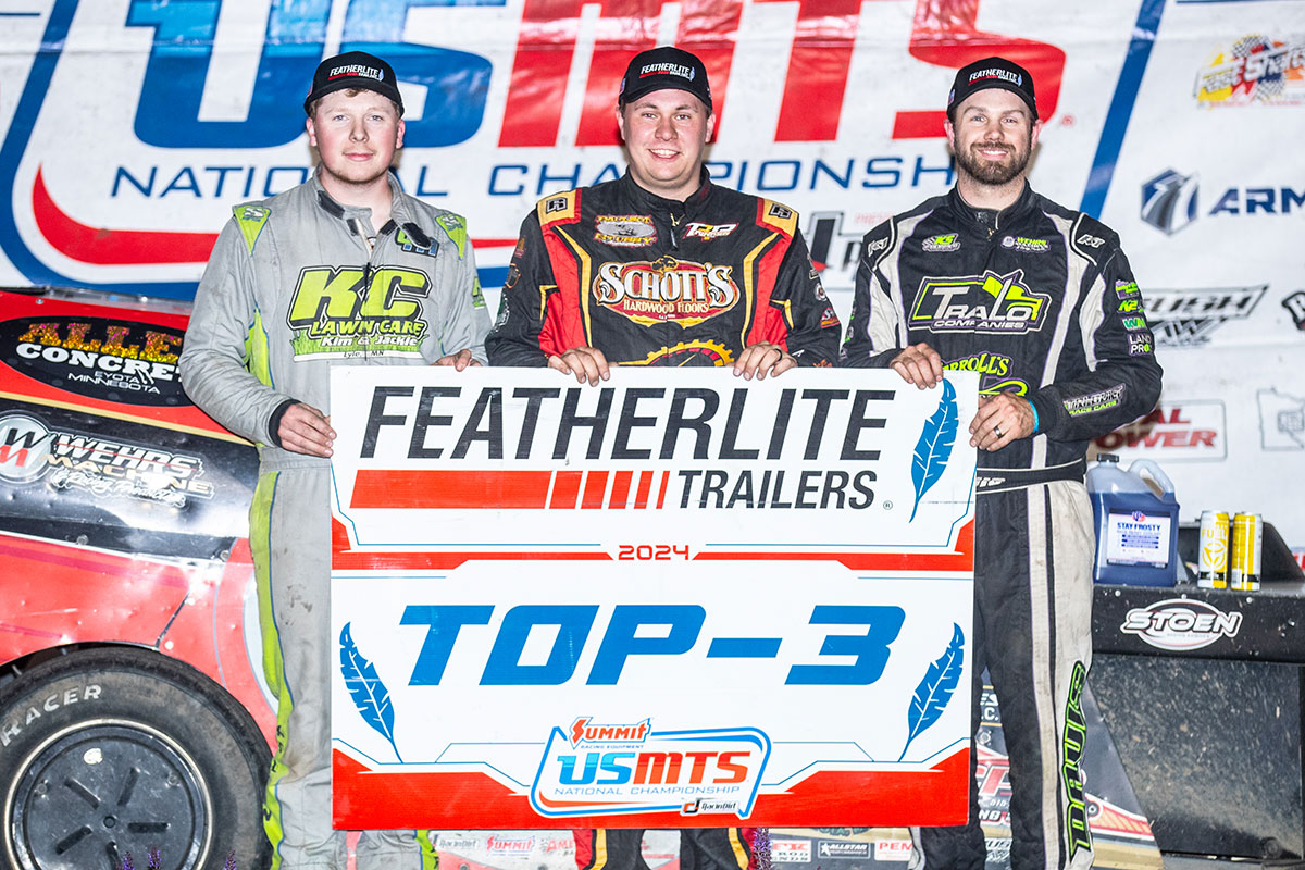 The Featherlite Top-3 at the 21st Annual LR Waste Services Southern Minnesota Spring Challenge at the Deer Creek Speedway in Spring Valley, Minn., on Saturday, May 25, 2024, were (left to right) Jim Chisholm, Lucas Schott and Brandon Davis (Tyler Rinken Photo)