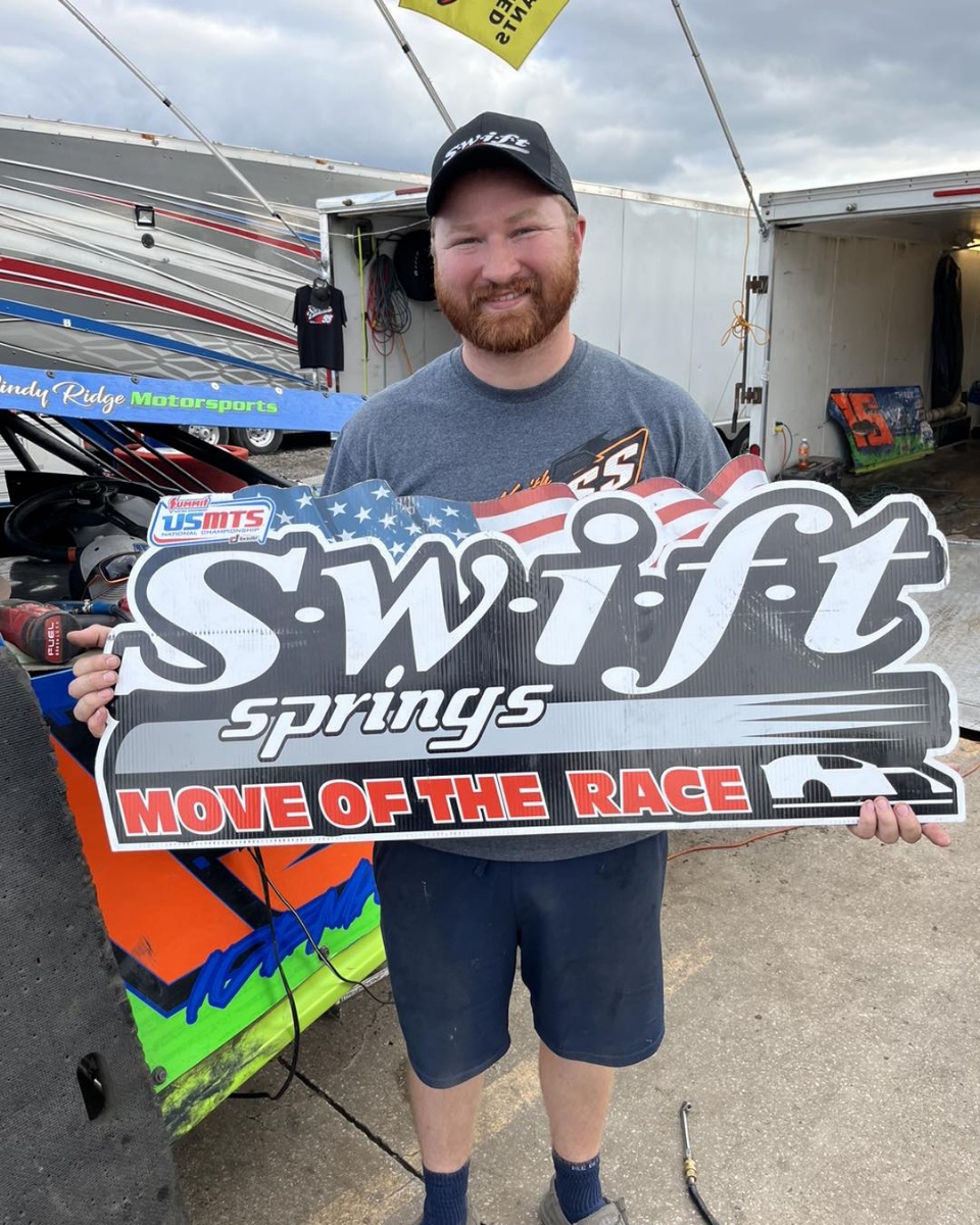 Alex Williamson picked up the Swift Springs Move of the Race during the 3rd Annual USMTS Battle by the Big Blue presented by Valentino's featuring the Summit USMTS National Championship presented by RacinDirt at the Beatrice Speedway in Bearice, Neb., on Wednesday, Aug. 7, 2024.