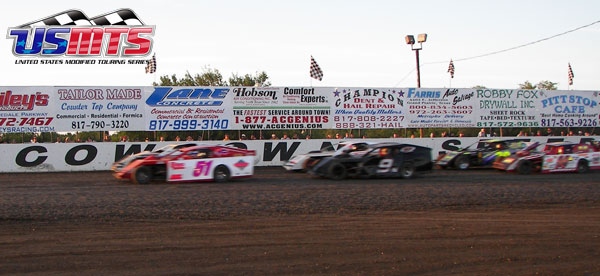 Eddie Martin leads the field to the start in the first-ever USMTS heat race at Cowtown Speedway. (USMTS Photo)